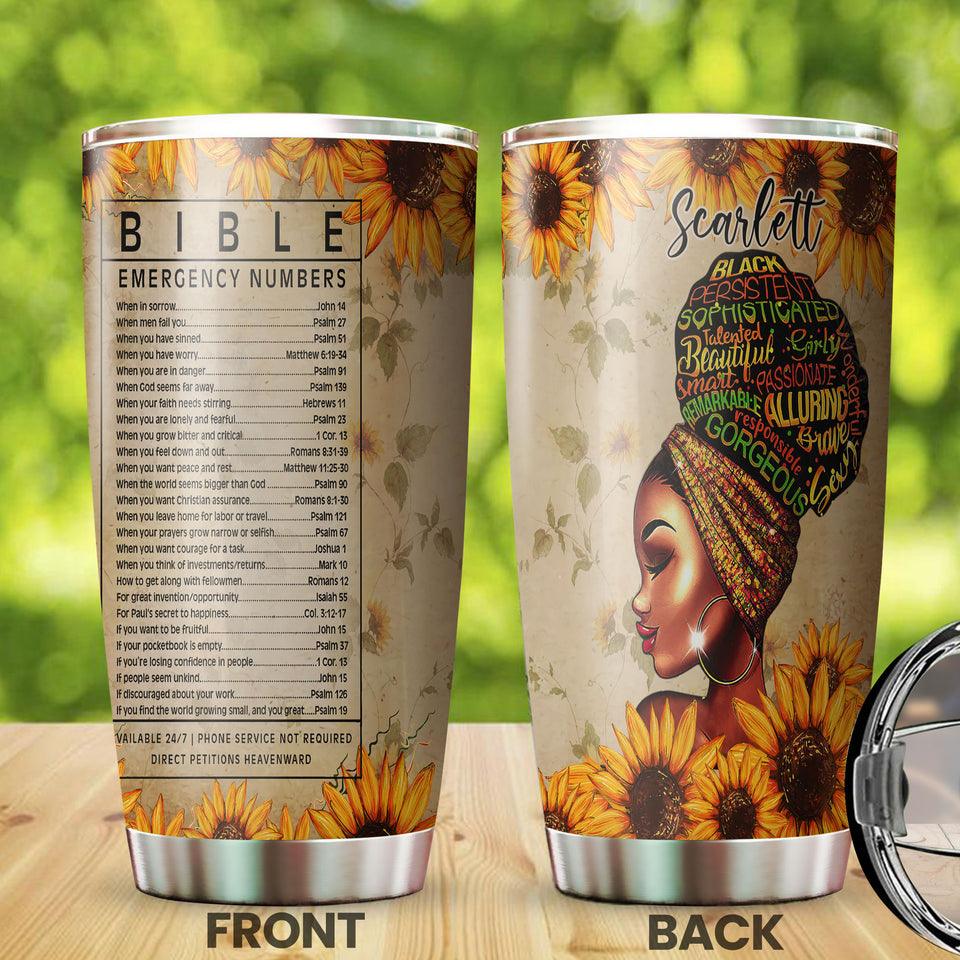 Camellia Personalized Black Women Bible Stainless Steel Tumbler - Double-Walled Insulation Vacumm Flask - Gift For Black Queen, International Women's Day, Hippie Girls