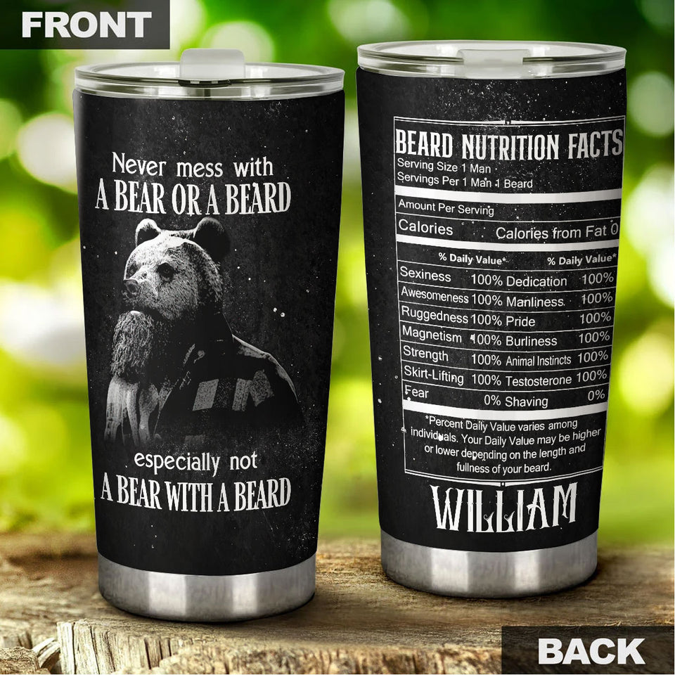 Camellia Persionalized 3D Never Mess With A Bear Or A Beard Stainless Steel Tumbler - Customized Double - Walled Insulation Travel Thermal Cup With Lid