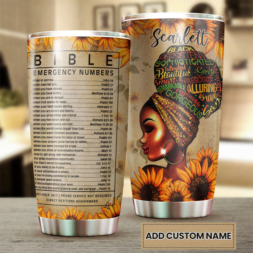 Camellia Personalized Black Women Bible Stainless Steel Tumbler - Double-Walled Insulation Vacumm Flask - Gift For Black Queen, International Women's Day, Hippie Girls