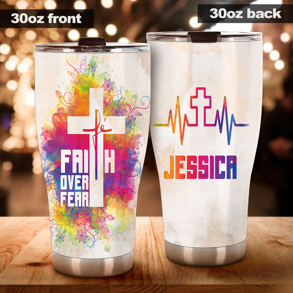 Camellia Personalized The Cross Faith Over Fear Stainless Steel Tumbler-Double-Walled Travel Therma Cup With Lid