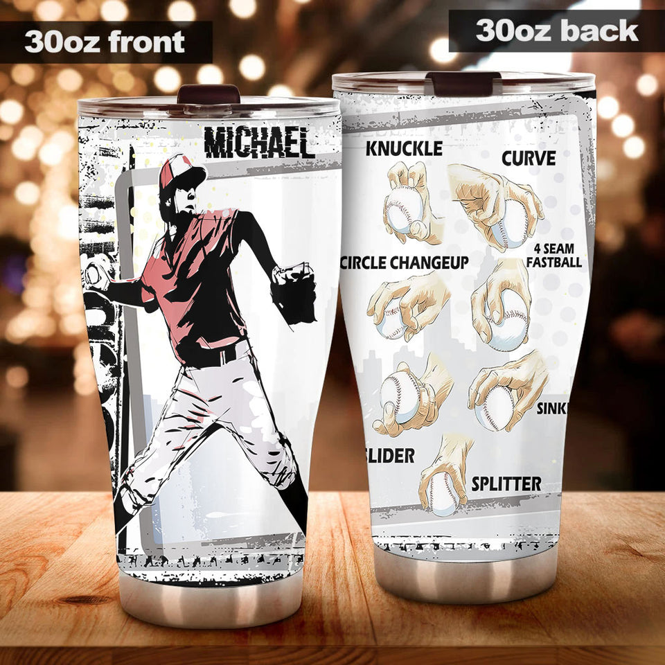 Camellia Persionalized 3D Baseball Hand Crip Stainless Steel Tumbler - Customized Double - Walled Insulation Thermal Travel Cup With Lid Gift For Baseball Player