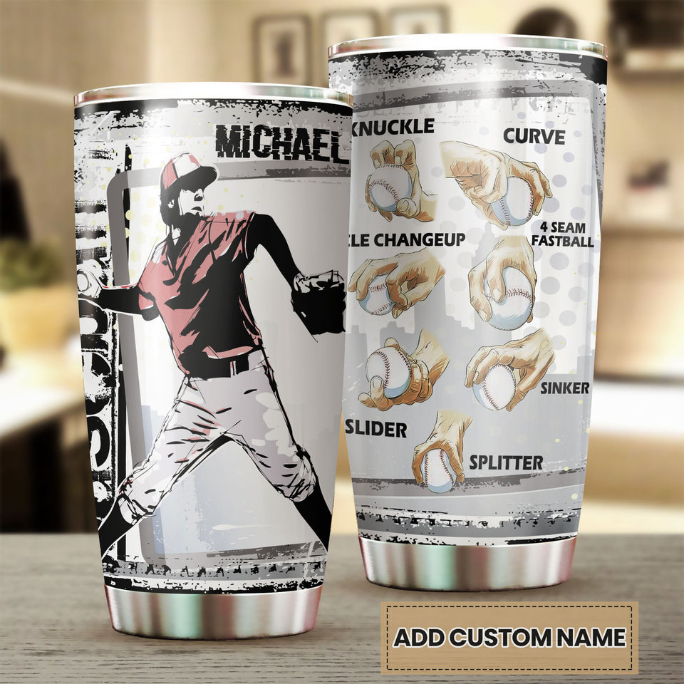 Camellia Persionalized 3D Baseball Hand Crip Stainless Steel Tumbler - Customized Double - Walled Insulation Thermal Travel Cup With Lid Gift For Baseball Player