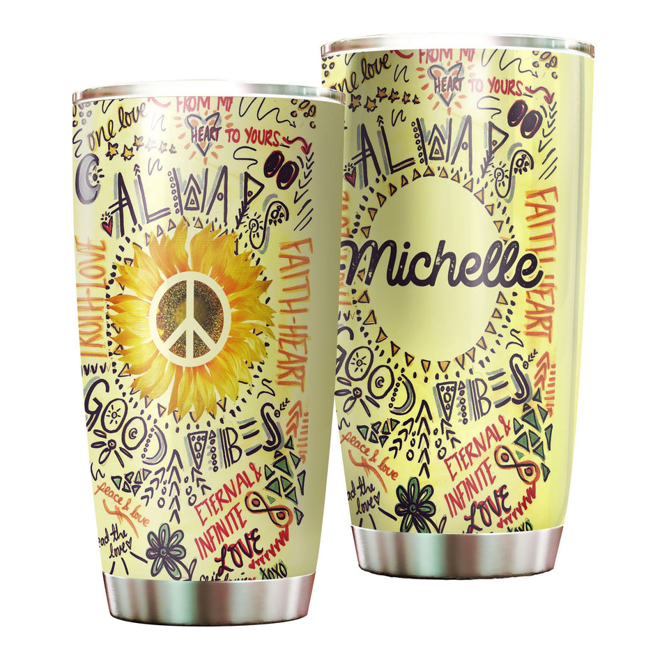 Camellia Personalized Always Good Vibes Doodle Hippie Style Stainless Steel Tumbler-Double-Walled Travel Therma Cup With Lid