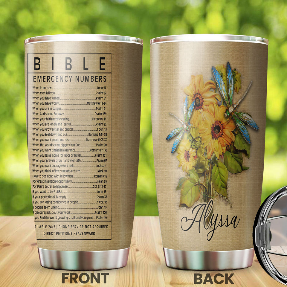 Camellia Personalized Sunflowers Bible Emergency Numbers Stainless Steel Tumbler - Customized Double-Walled Insulation Travel Thermal Cup With Lid Gift For Christian