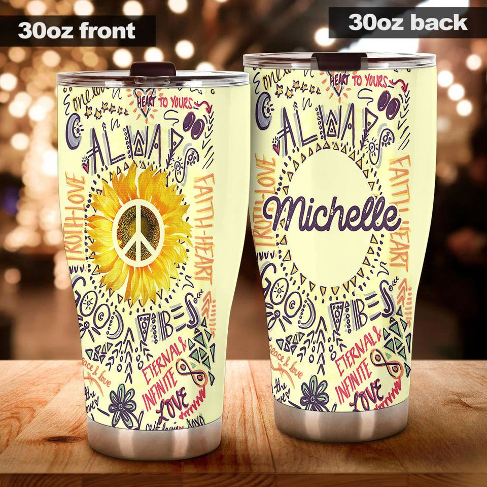 Camellia Personalized Always Good Vibes Doodle Hippie Style Stainless Steel Tumbler-Double-Walled Travel Therma Cup With Lid