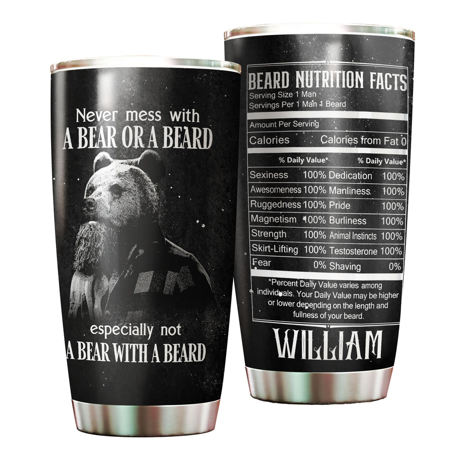 Camellia Persionalized 3D Never Mess With A Bear Or A Beard Stainless Steel Tumbler - Customized Double - Walled Insulation Travel Thermal Cup With Lid
