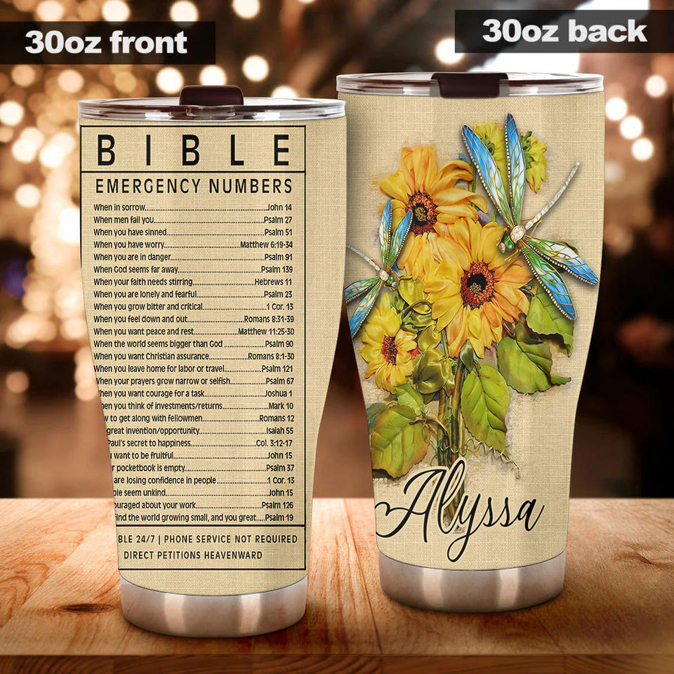Camellia Personalized Sunflowers Bible Emergency Numbers Stainless Steel Tumbler - Customized Double-Walled Insulation Travel Thermal Cup With Lid Gift For Christian