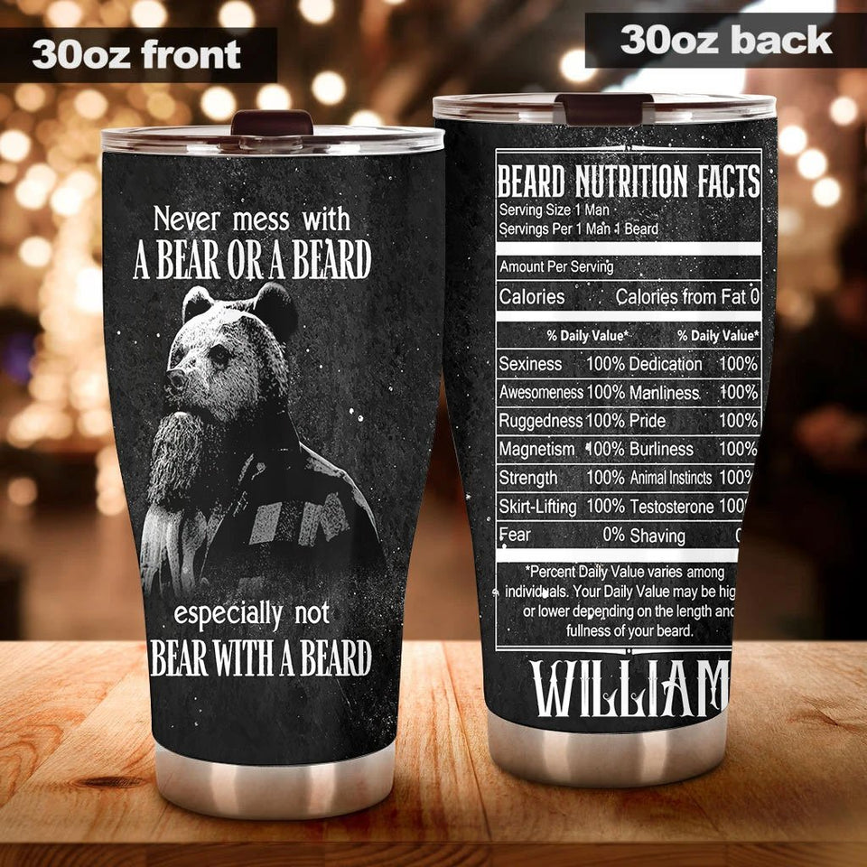 Camellia Persionalized 3D Never Mess With A Bear Or A Beard Stainless Steel Tumbler - Customized Double - Walled Insulation Travel Thermal Cup With Lid