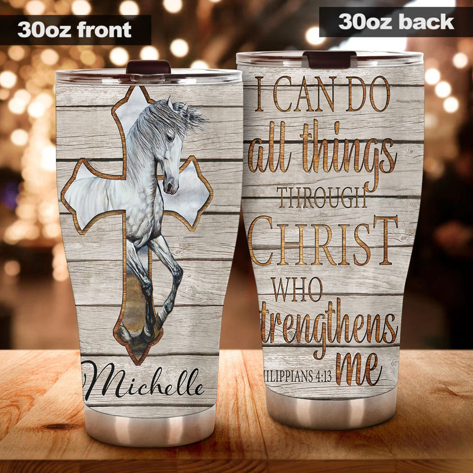 Camellia Personalized Horse Cross Stainless Steel Tumbler - Double-Walled Insulation Vacumm Flask - Gift For Horse Lovers, Cowgirls, Cowboys, Perfect Christmas, Thanksgiving Gift