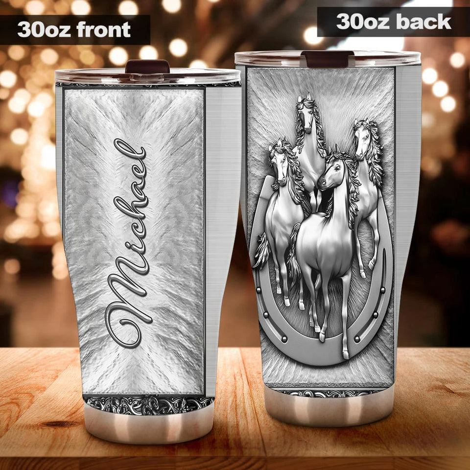 Camellia Personalized Horse Silver Style Stainless Steel Tumbler - Double-Walled Insulation Vacumm Flask - Gift For Horse Lovers, Cowgirls, Cowboys, Perfect Christmas, Thanksgiving Gift 02
