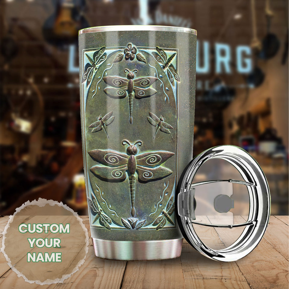 Camellia Personalized Dark Dragonfly Stainless Steel Tumbler - Customized Double-Walled Insulation Travel Thermal Cup With Lid Gift For Dragonfly Lover