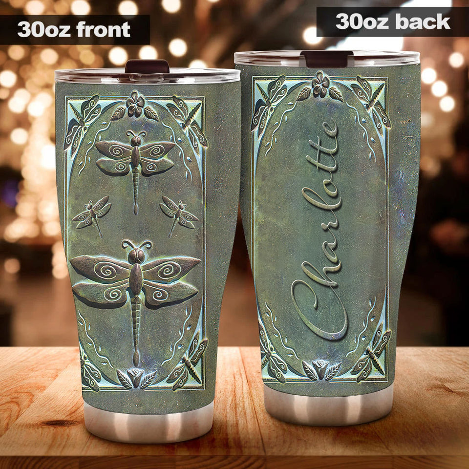 Camellia Personalized Dark Dragonfly Stainless Steel Tumbler - Customized Double-Walled Insulation Travel Thermal Cup With Lid Gift For Dragonfly Lover