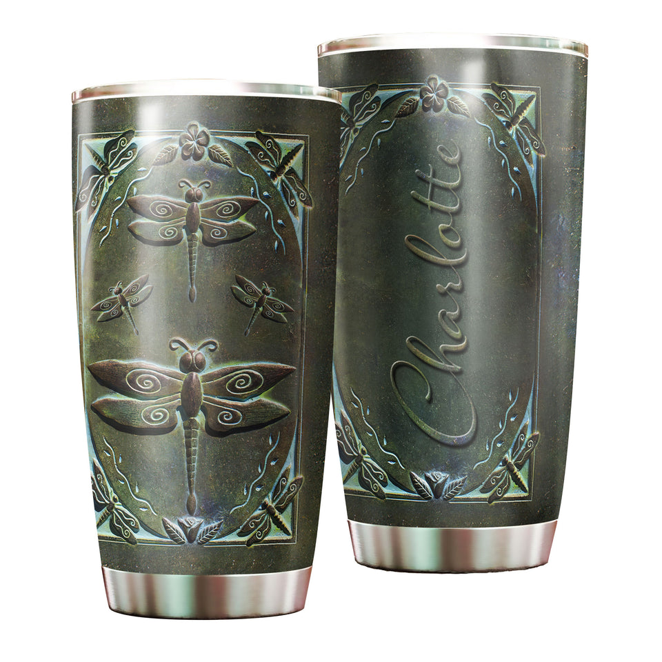 Camellia Personalized Dark Dragonfly Stainless Steel Tumbler - Customized Double-Walled Insulation Travel Thermal Cup With Lid Gift For Dragonfly Lover
