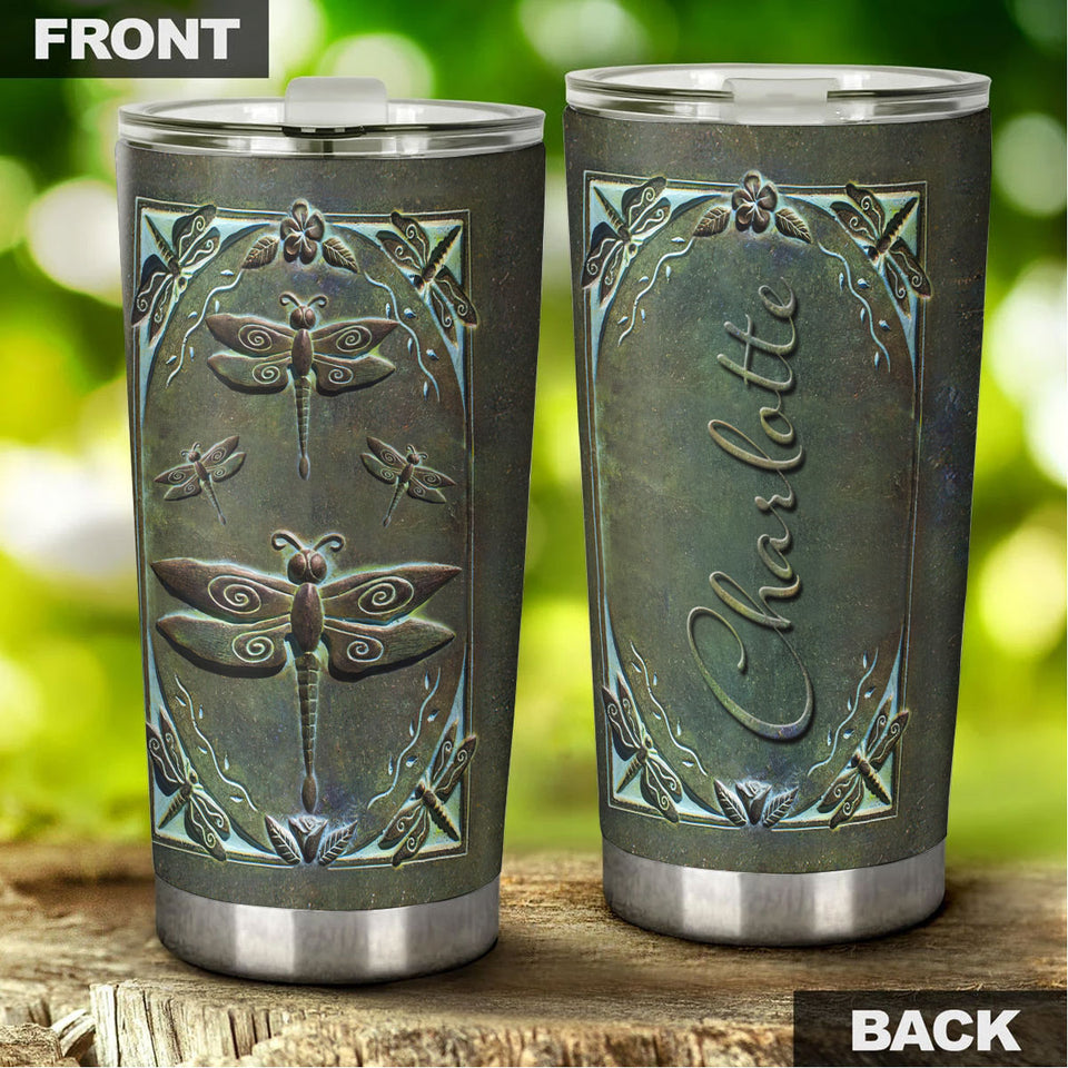 Camellia Personalized Dark Dragonfly Stainless Steel Tumbler - Customized Double-Walled Insulation Travel Thermal Cup With Lid Gift For Dragonfly Lover