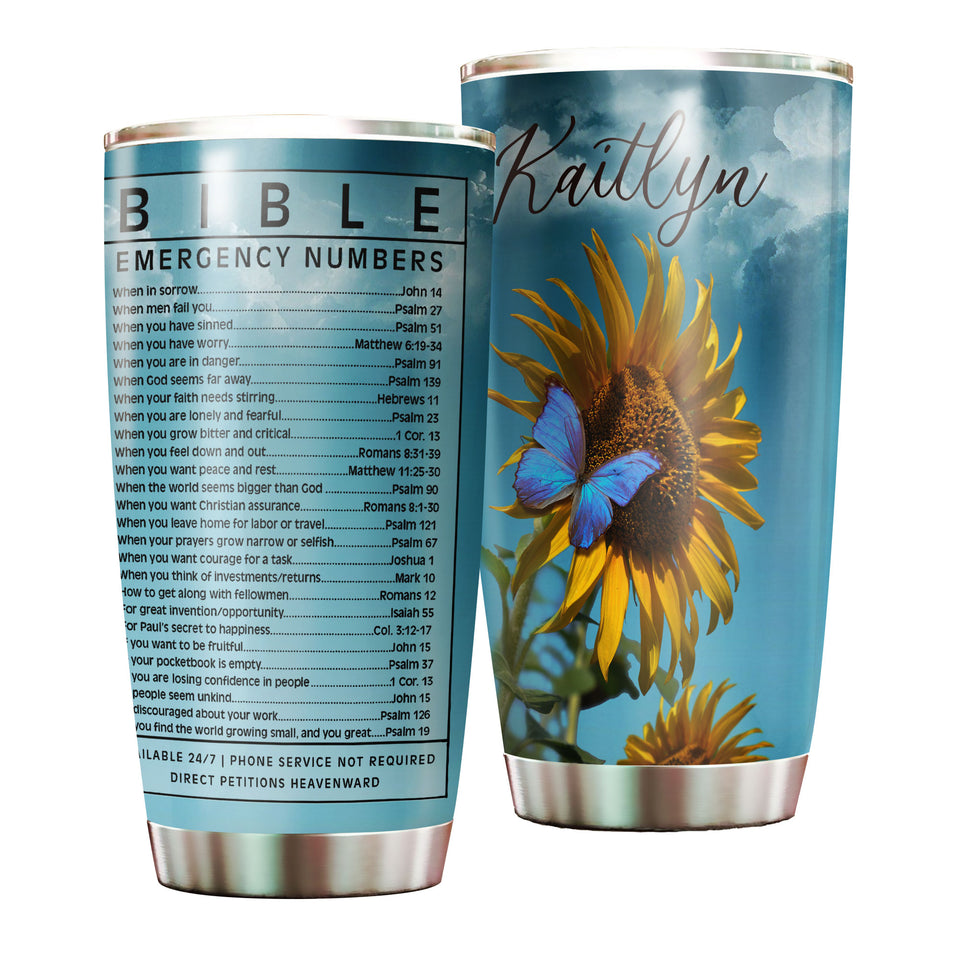 Camellia Personalized Sunflower Bible Emergency Numbers Stainless Steel Tumbler - Customized Double-Walled Insulation Travel Thermal Cup With Lid