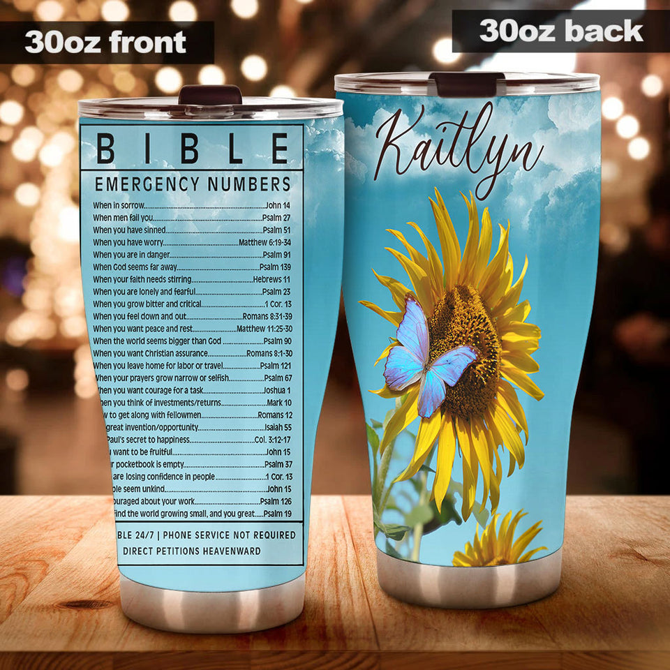 Camellia Personalized Sunflower Bible Emergency Numbers Stainless Steel Tumbler - Customized Double-Walled Insulation Travel Thermal Cup With Lid