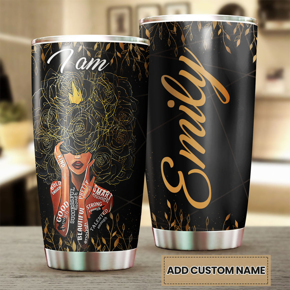 Camellia Personalized Black Women Stainless Steel Tumbler - Double-Walled Insulation Vacumm Flask - Gift For Black Queen, International Women's Day, Hippie Girls 16