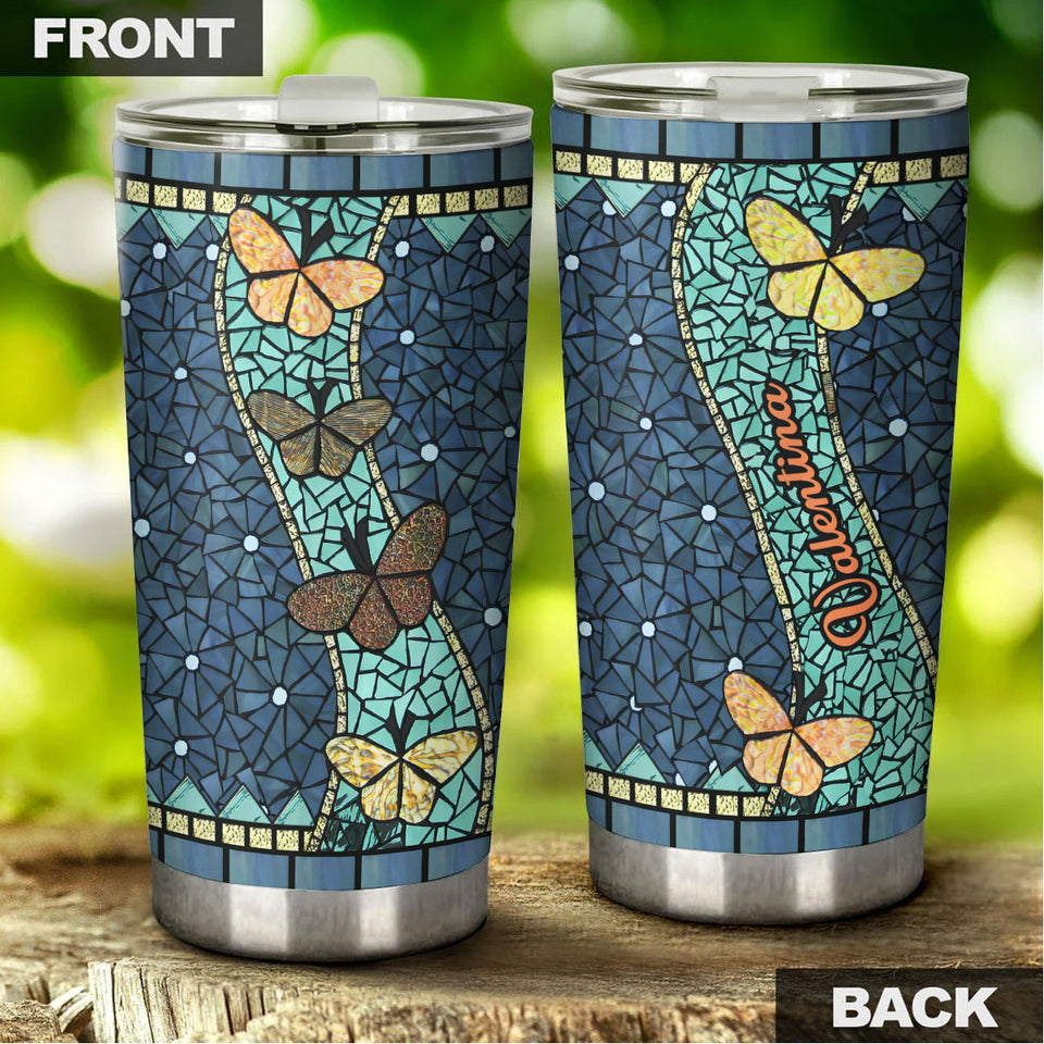 Camellia Personalized Butterfly Mosaic Art Stainless Steel Tumbler - Double-Walled Insulation Vacumm Flask - For Thanksgiving, Memorial Day, Christians, Christmas Gift
