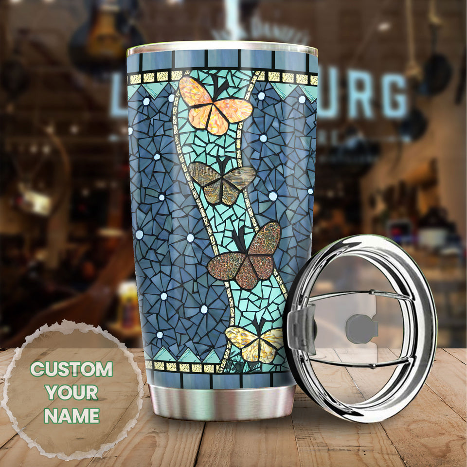 Camellia Personalized Butterfly Mosaic Art Stainless Steel Tumbler - Double-Walled Insulation Vacumm Flask - For Thanksgiving, Memorial Day, Christians, Christmas Gift