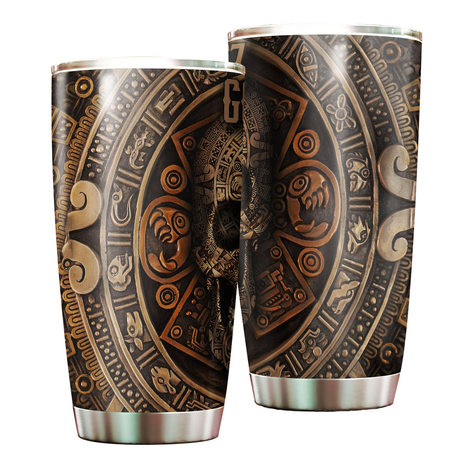 Camellia Personalized Aztec Skull Brone Style Stainless Steel Tumbler - Double-Walled Insulation Vacumm Flask - Gift For Halloween, Spooky Season