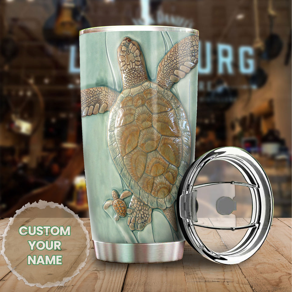 Camellia Personalized Turtle Mom And Baby Ceramic Style Stainless Steel Tumbler- Wall Insulated Cup With Lid Travel Mug