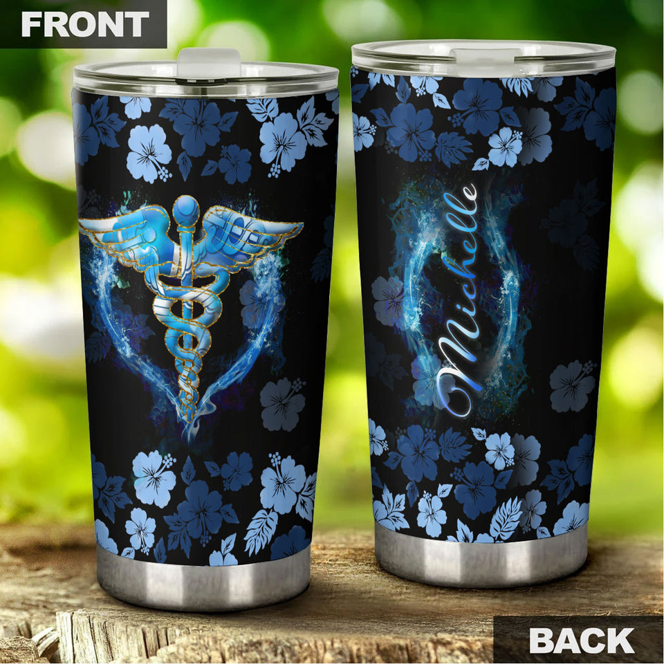 Camellia Personalized Blue Flower Nurse Symbol Stainless Steel Tumbler - Double-Walled Insulation Vacumm Flask - For Nurse Gift, International Nurse's Day