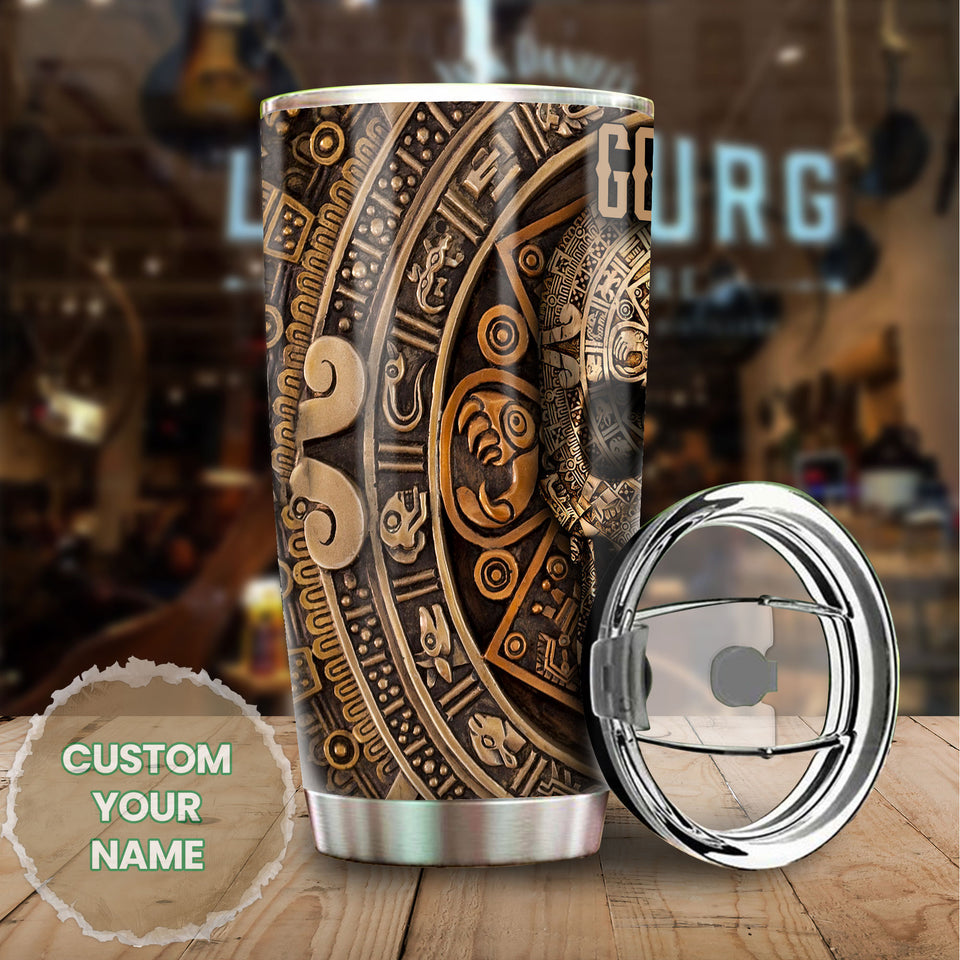 Camellia Personalized Aztec Skull Brone Style Stainless Steel Tumbler - Double-Walled Insulation Vacumm Flask - Gift For Halloween, Spooky Season