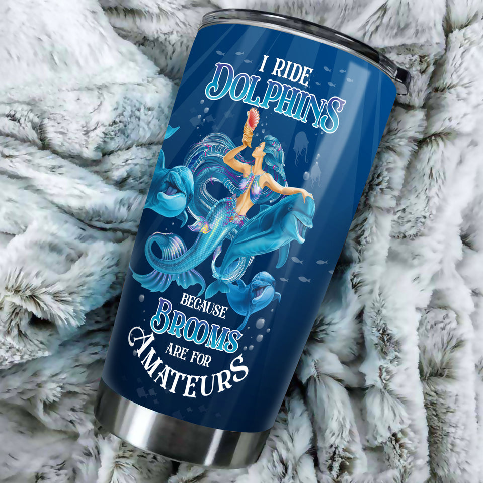 Camellia Personalized I Ride Dolphins Beacause Brooms Are For Amateurs Stainless Steel Tumbler-Sweat-Proof Double Wall Travel Cup With Lid