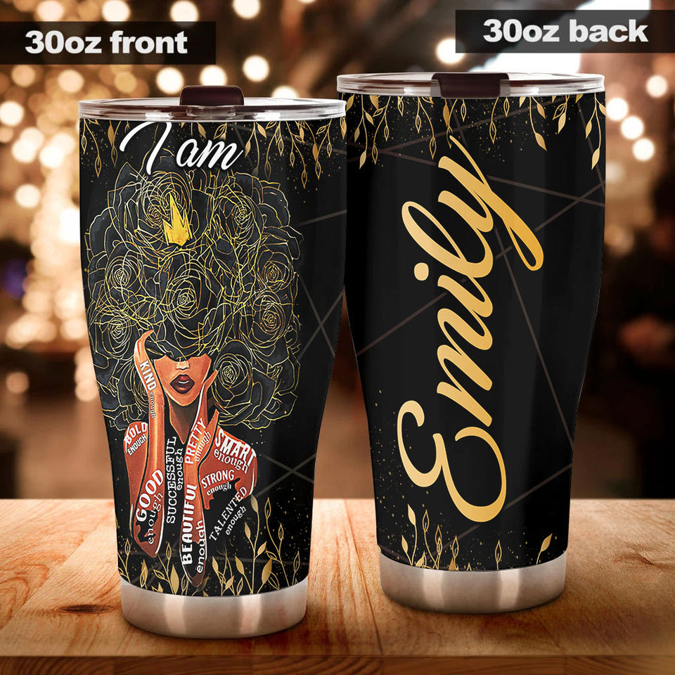 Camellia Personalized Black Women Stainless Steel Tumbler - Double-Walled Insulation Vacumm Flask - Gift For Black Queen, International Women's Day, Hippie Girls 16