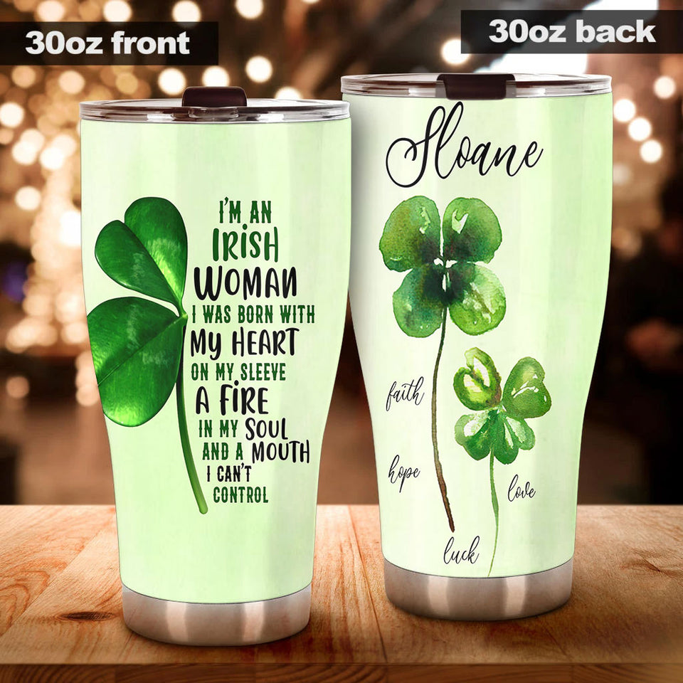 Camellia Persionalized Irish Woman I Was Born With My Heart Oh My Sleeve A Fire In My Soul And A Mouth I Cant ControlStainless Steel Tumbler - Customized Double - Walled Insulation Travel Thermal Cup With Lid