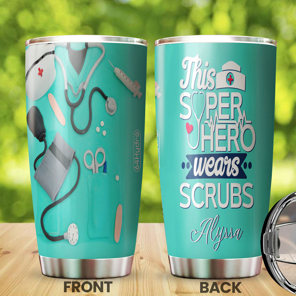 Camellia Personalized Nurse This Per Hero Wears Scrubs Stainless Steel Tumbler - Double-Walled Insulation Vacumm Flask - Gift For Nurse, Christmas Gift, International Nurses Day