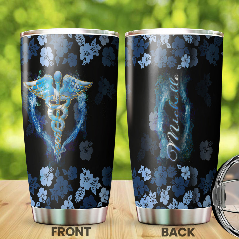 Camellia Personalized Blue Flower Nurse Symbol Stainless Steel Tumbler - Double-Walled Insulation Vacumm Flask - For Nurse Gift, International Nurse's Day