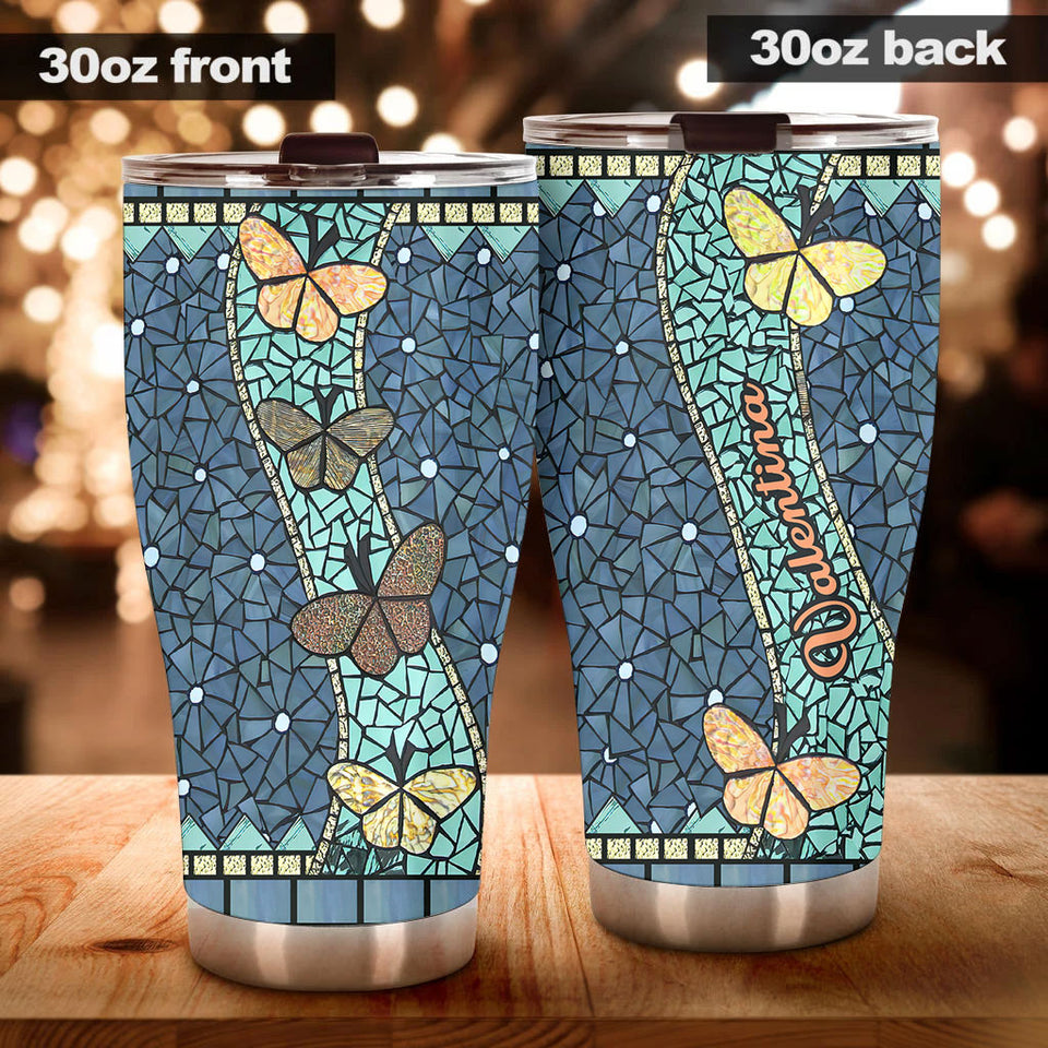Camellia Personalized Butterfly Mosaic Art Stainless Steel Tumbler - Double-Walled Insulation Vacumm Flask - For Thanksgiving, Memorial Day, Christians, Christmas Gift