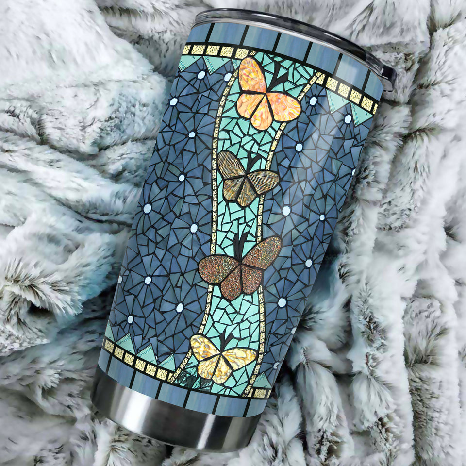 Camellia Personalized Butterfly Mosaic Art Stainless Steel Tumbler - Double-Walled Insulation Vacumm Flask - For Thanksgiving, Memorial Day, Christians, Christmas Gift