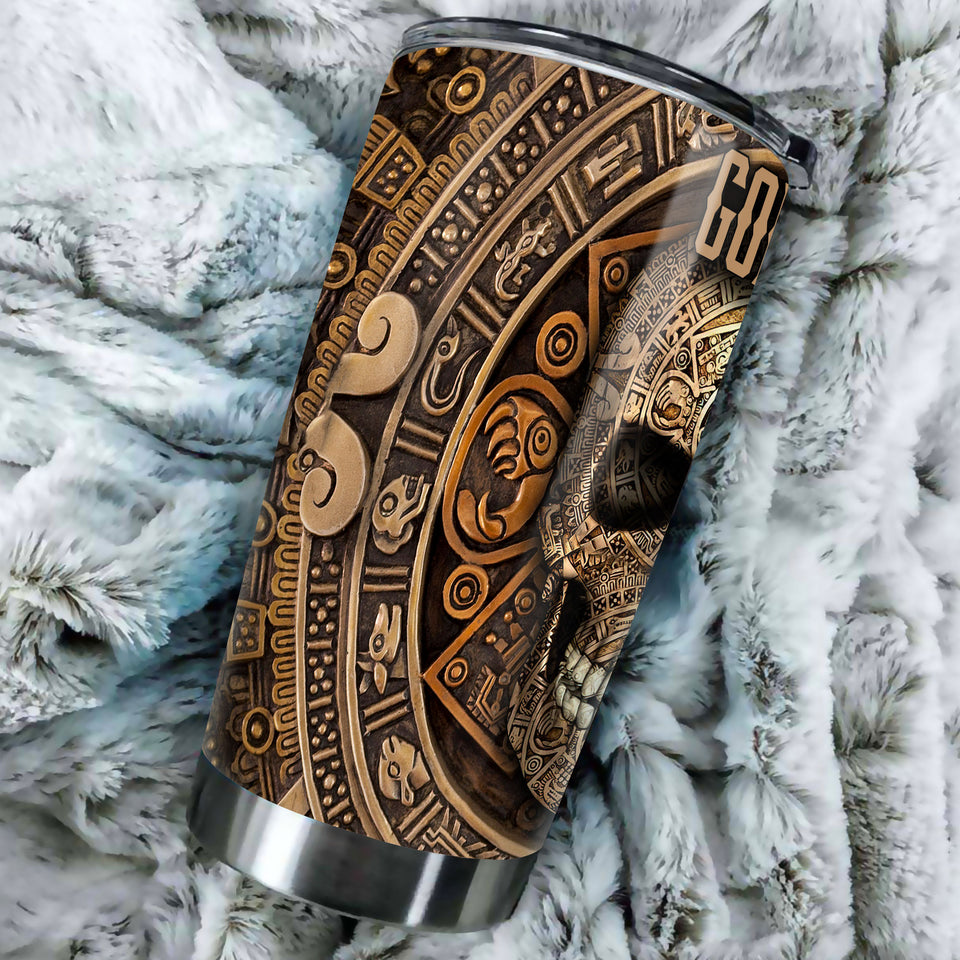 Camellia Personalized Aztec Skull Brone Style Stainless Steel Tumbler - Double-Walled Insulation Vacumm Flask - Gift For Halloween, Spooky Season