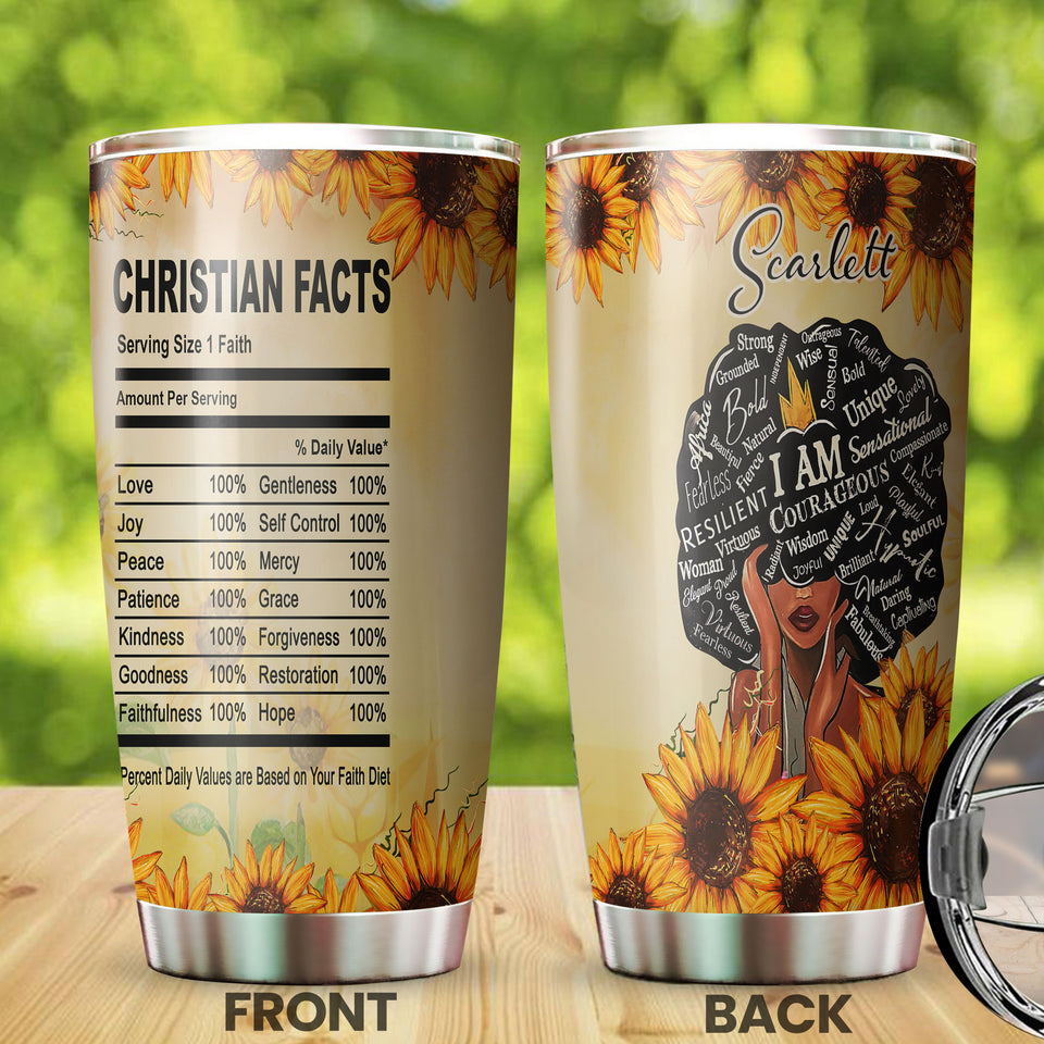 Camellia Personalized Christian Facts Stainless Steel Tumbler - Customized Double-Walled Insulation Travel Thermal Cup With Lid Gift For Christian Black Queen