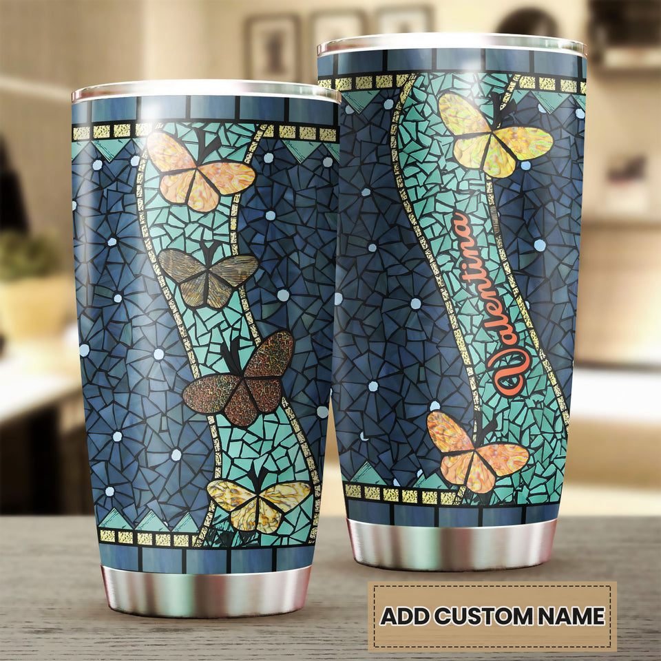 Camellia Personalized Butterfly Mosaic Art Stainless Steel Tumbler - Double-Walled Insulation Vacumm Flask - For Thanksgiving, Memorial Day, Christians, Christmas Gift