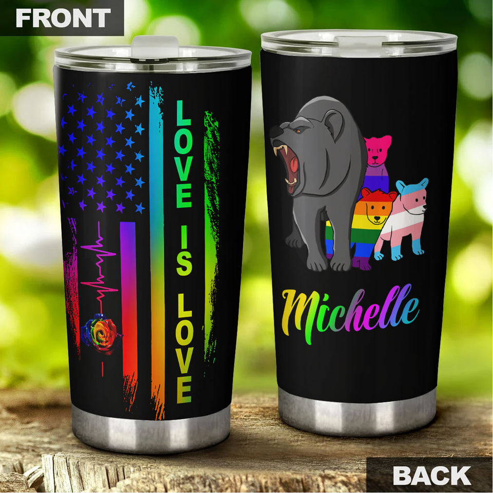 Camellia Persionalized LGBT Bear Love Is Love Stainless Steel Tumbler - Customized Double - Walled Insulation Travel Thermal Cup With Lid