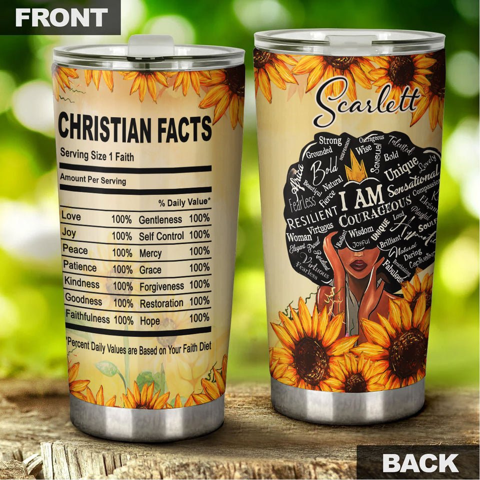 Camellia Personalized Christian Facts Stainless Steel Tumbler - Customized Double-Walled Insulation Travel Thermal Cup With Lid Gift For Christian Black Queen