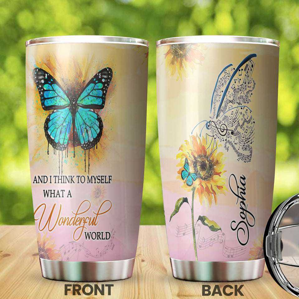 Camellia Personalized Butterfly And I Think To Myself What A Wonderful World Stainless Steel Tumbler - Double-Walled Insulation Vacumm Flask - For Thanksgiving, Memorial Day, Christmas Gift