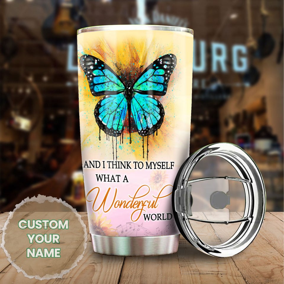 Camellia Personalized Butterfly And I Think To Myself What A Wonderful World Stainless Steel Tumbler - Double-Walled Insulation Vacumm Flask - For Thanksgiving, Memorial Day, Christmas Gift