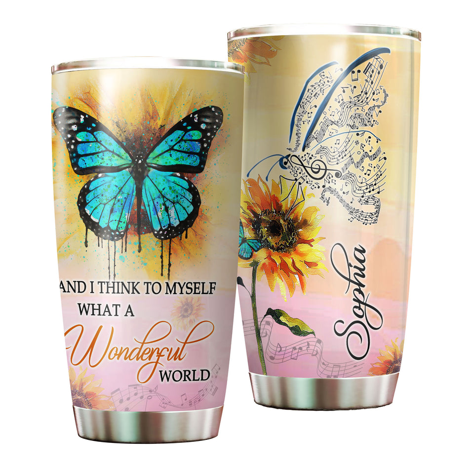 Camellia Personalized Butterfly And I Think To Myself What A Wonderful World Stainless Steel Tumbler - Double-Walled Insulation Vacumm Flask - For Thanksgiving, Memorial Day, Christmas Gift