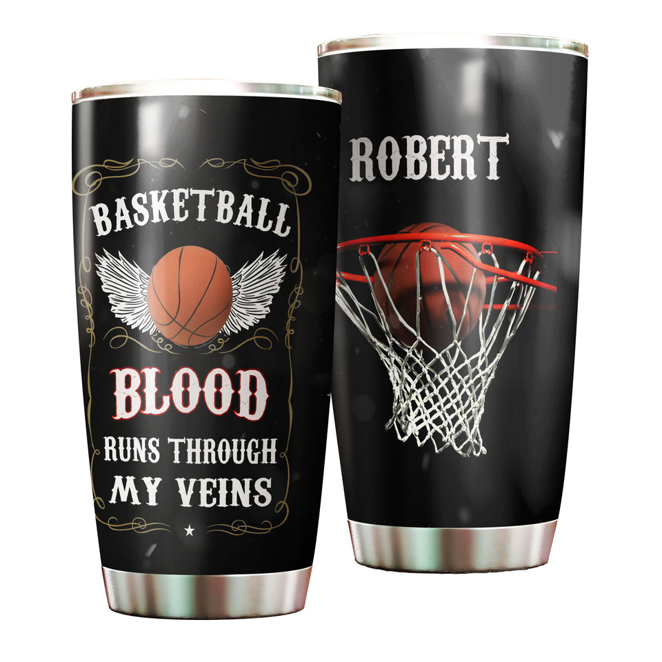 Camellia Persionalized 3D Basketball Blood Runs Through My Veins Stainless Steel Tumbler - Customized Double - Walled Insulation Travel Thermal Cup With Lid Gift For Basketball Player