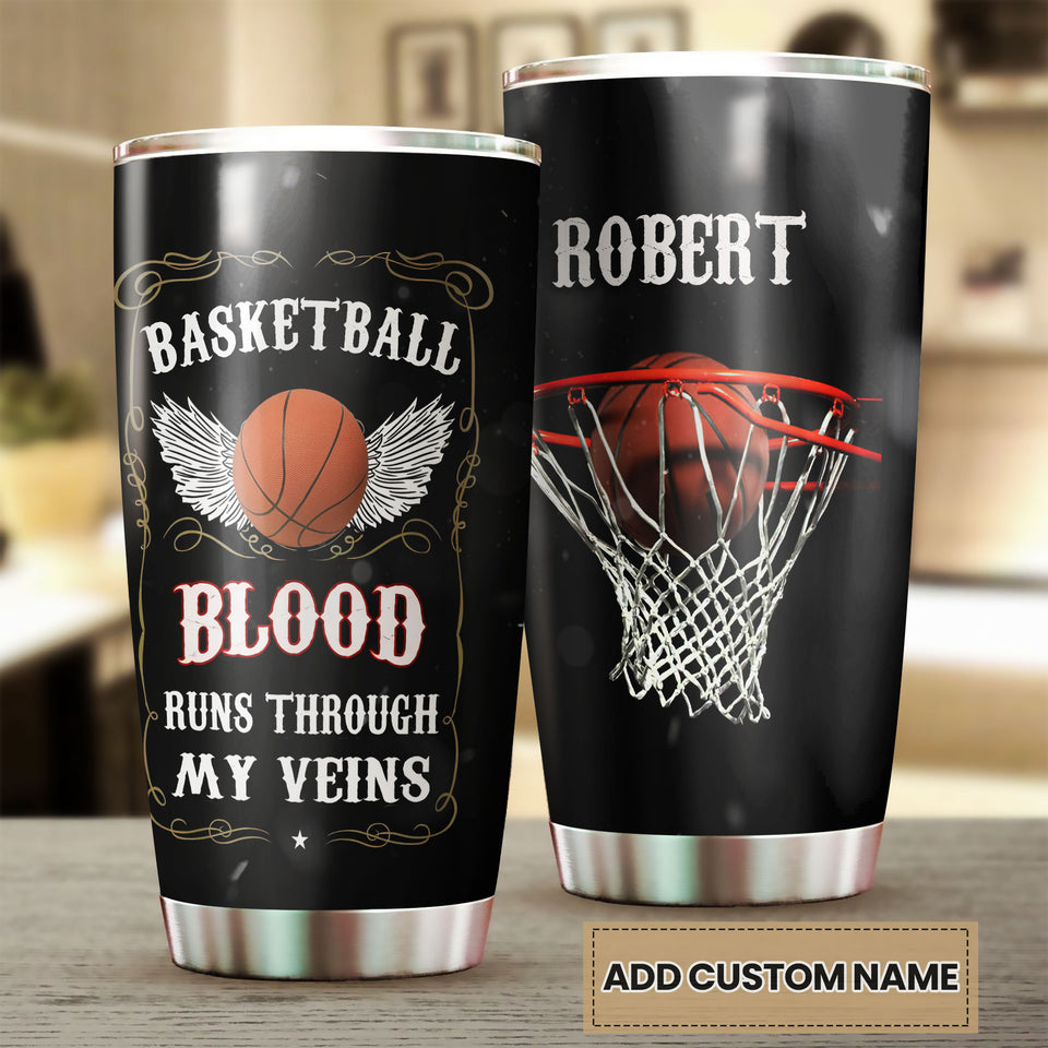 Camellia Persionalized 3D Basketball Blood Runs Through My Veins Stainless Steel Tumbler - Customized Double - Walled Insulation Travel Thermal Cup With Lid Gift For Basketball Player