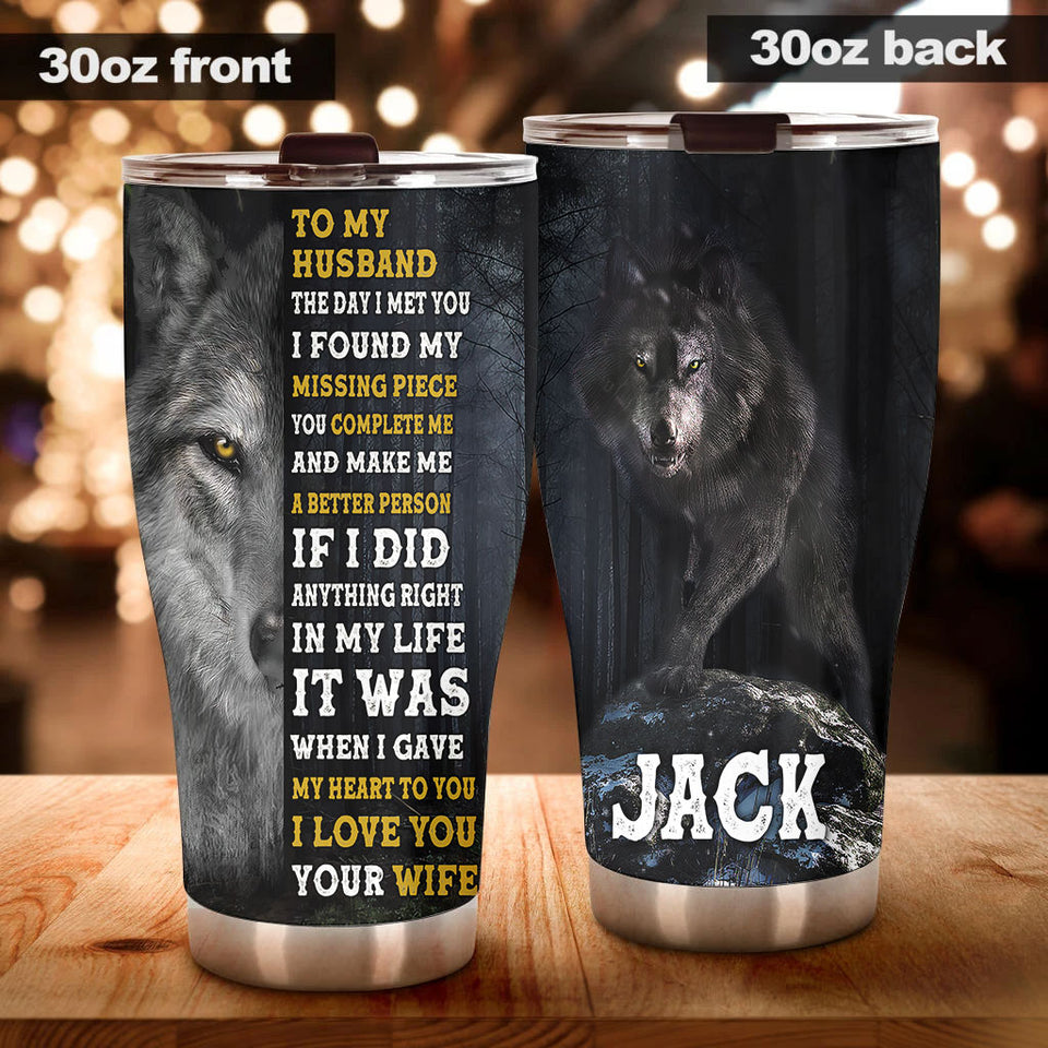Camellia Persionalized 3D Wolf To My Husband I Love You Your Wife Stainless Steel Tumbler - Customized Double - Walled Insulation Travel Thermal Cup With Lid Gift For Husband
