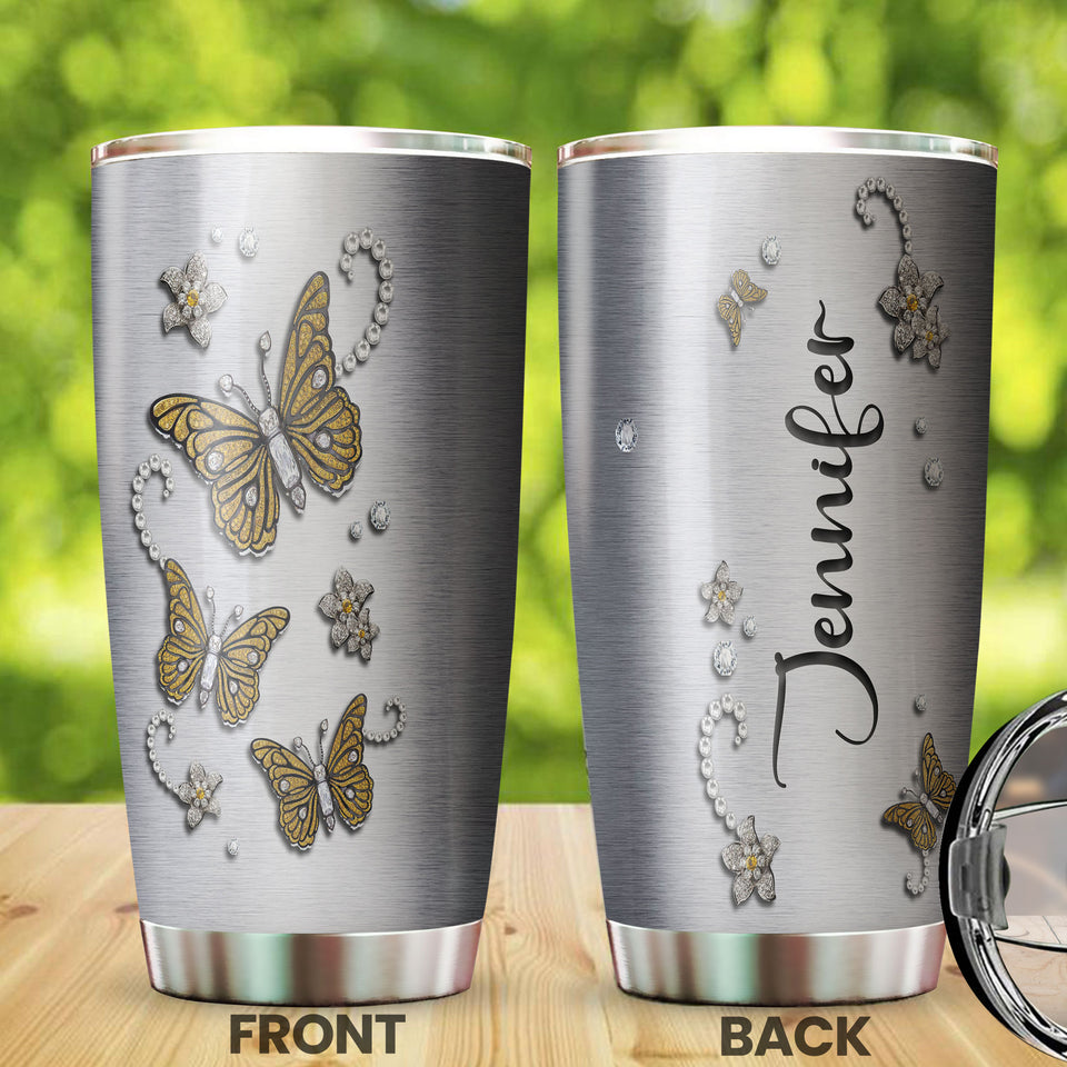 Camellia Personalized Butterfly Jewelry Metal Style Yellow Stainless Steel Tumbler - Double-Walled Insulation Vacumm Flask - For Thanksgiving, Memorial Day, Christians, Christmas Gift
