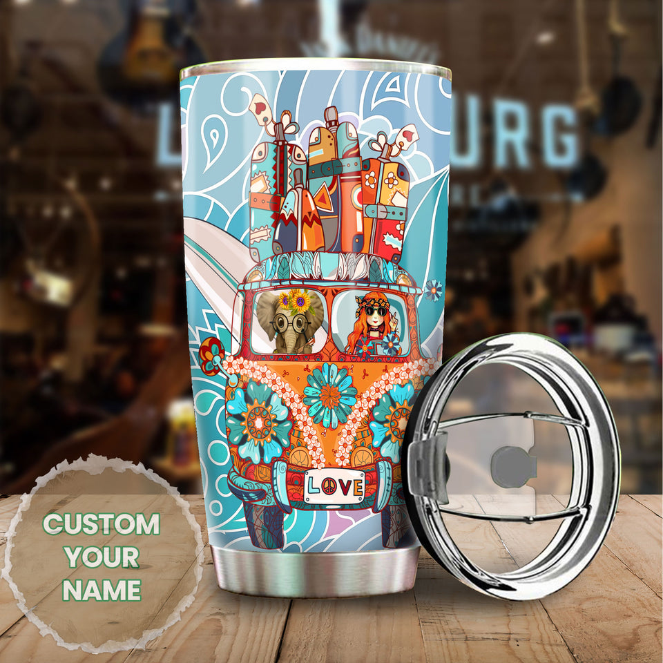 Camellia Personalized Cute Elephant And Girl In Car Hippie Style Stainless Steel Tumbler-Double-Walled Insulated Cup With Lid Travel Mug