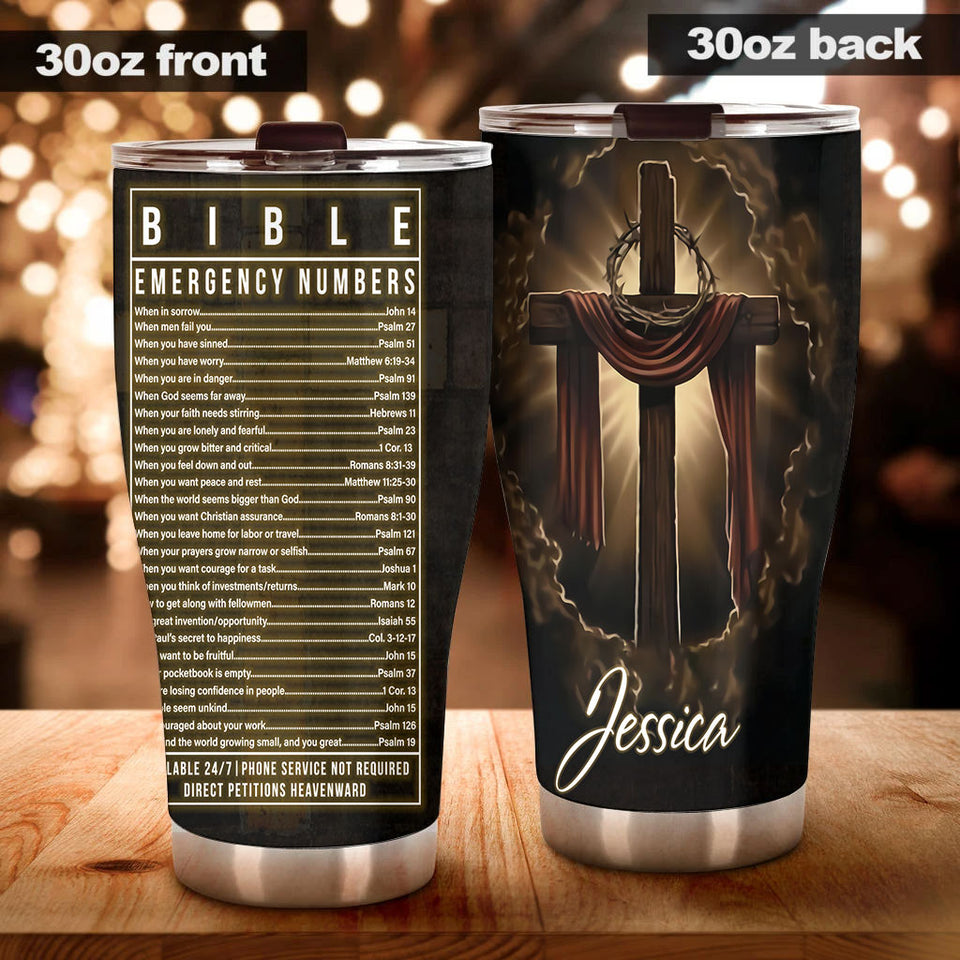 Camellia Personalized  Bible Emergency Numbers Stainless Steel Tumbler - Customized Double-Walled Insulation Travel Thermal Cup With Lid Gift For Christian