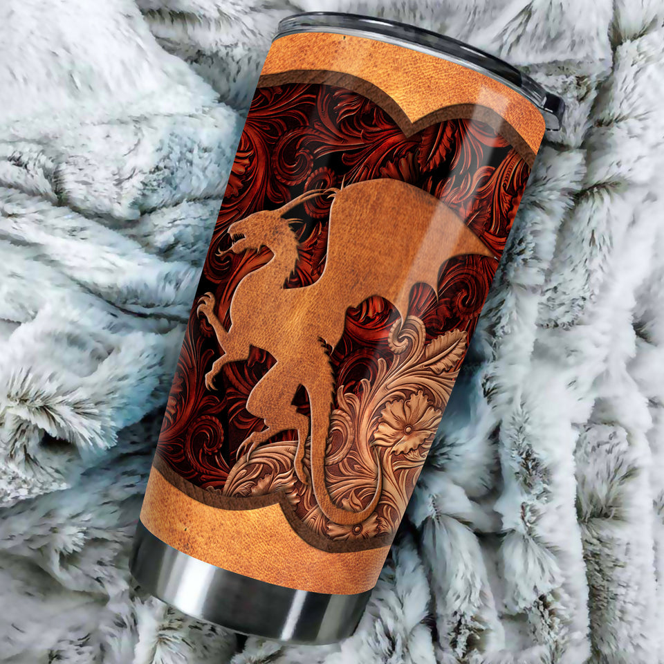 Camellia Personalized Leather Dragon Stainless Steel Tumbler - Customized Double-Walled Insulation Travel Thermal Cup With Lid Gift For Dragon Lover