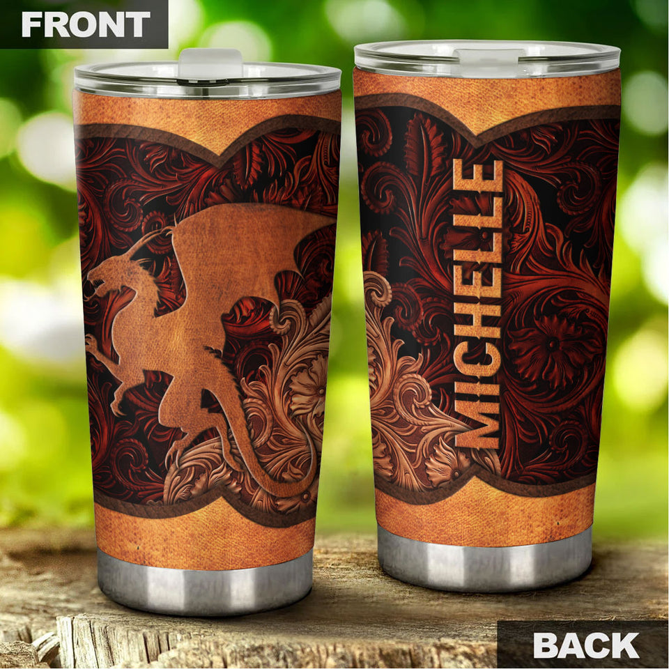 Camellia Personalized Leather Dragon Stainless Steel Tumbler - Customized Double-Walled Insulation Travel Thermal Cup With Lid Gift For Dragon Lover